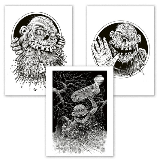 Monster Print Set with Zombie Creatures and Anthrax Patches featuring black and white prints