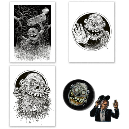 Monster print set with zombie creatures and patches for spooky art lovers