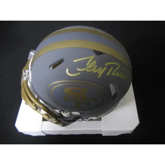 Grey football helmet with gold stripes and San Francisco 49ers logo for Montana San Francisco signed mini helmet