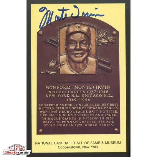 Monte Irvin HOF postcard with gold autographed baseball card