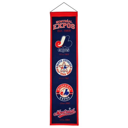 Montreal Expos heritage banner with vintage logos on navy blue background