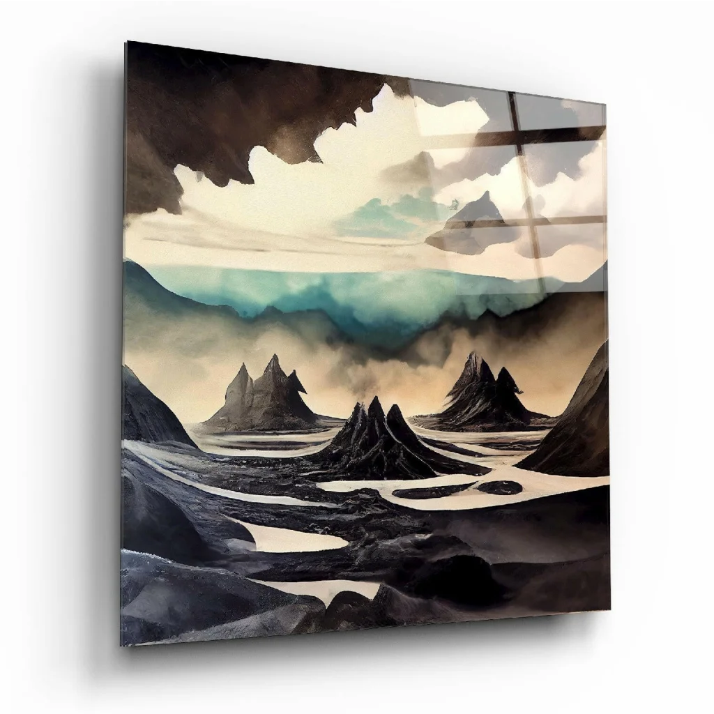 Moody Mountain glass wall art with teal swirling clouds