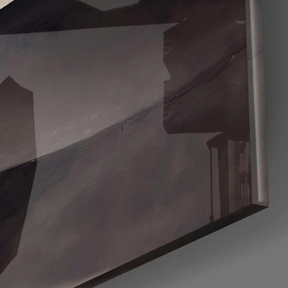 Moody Mountain glass wall art with teal swirling clouds and textured abstract design