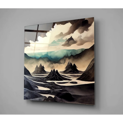 Surreal Moody Mountain glass wall art with teal swirling clouds