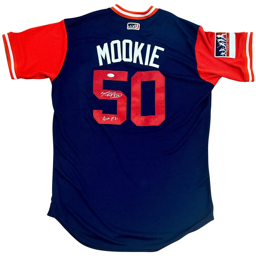 Mookie Betts autographed Boston Red Sox navy blue jersey with red sleeves