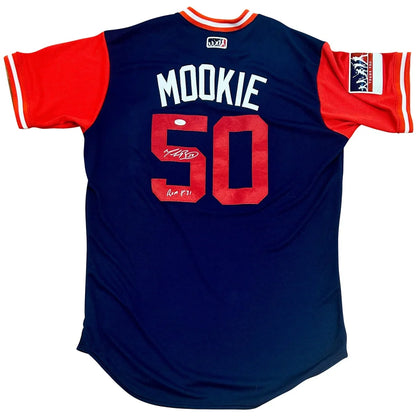 Mookie Betts autographed Boston Red Sox navy blue jersey with red sleeves