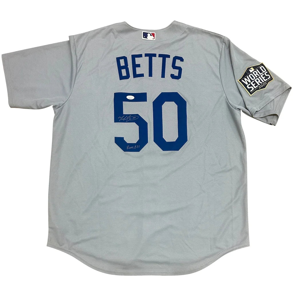 Mookie Betts autographed Los Angeles Dodgers gray jersey number 50