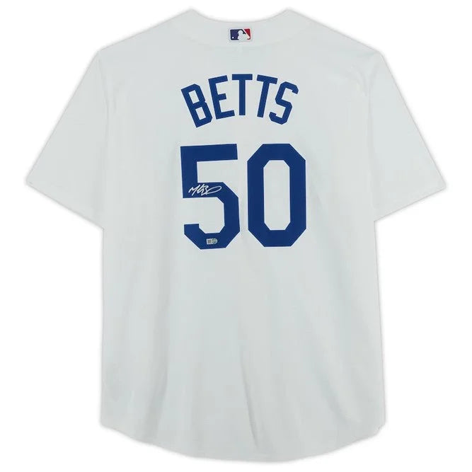 Mookie Betts autographed Los Angeles Dodgers white Nike jersey with blue 50