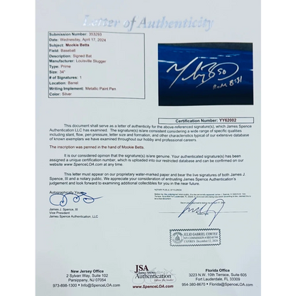 Mookie Betts autographed blue baseball bat with JSA authentication