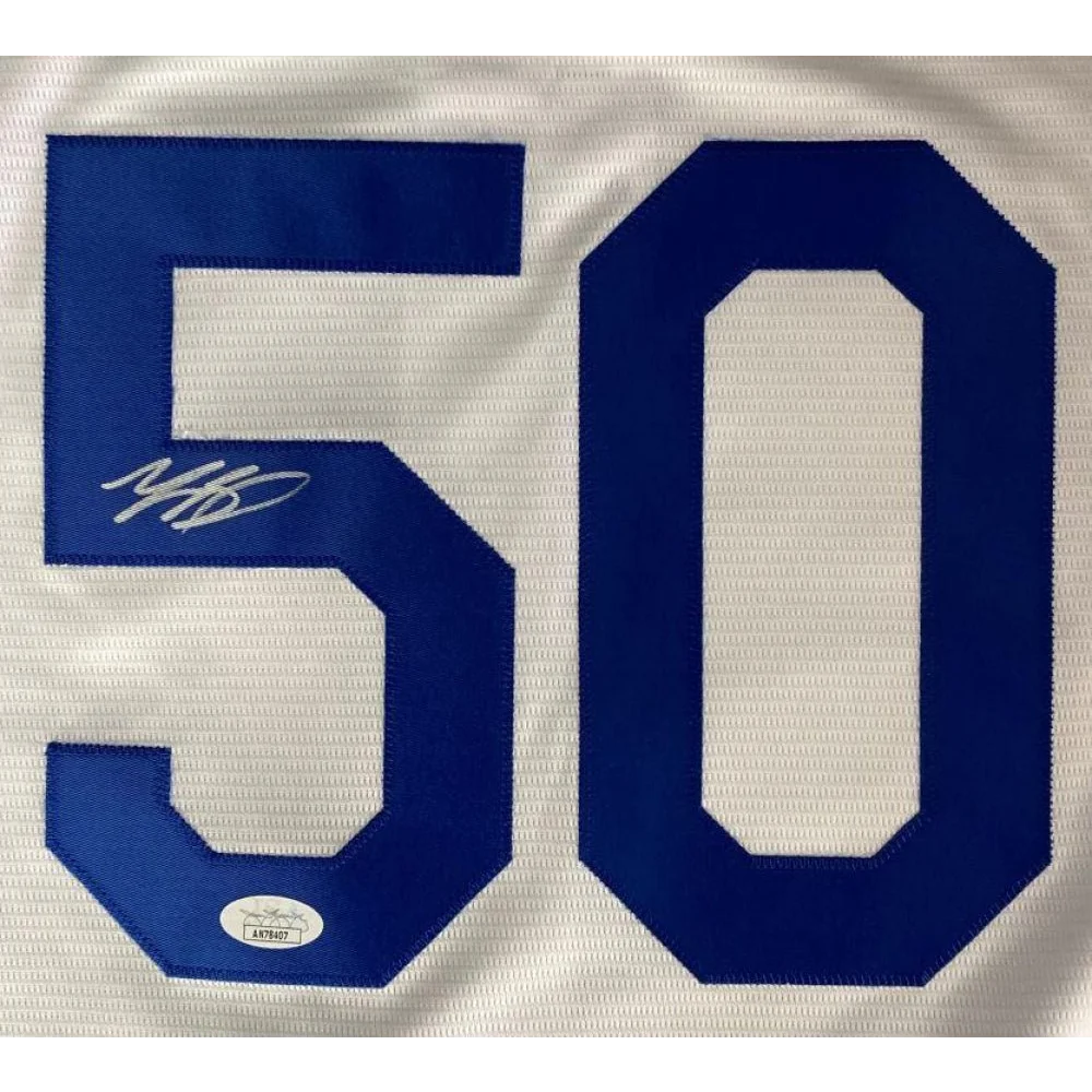 White Nike jersey with blue 50 and Mookie Betts signed autograph for Dodgers fans