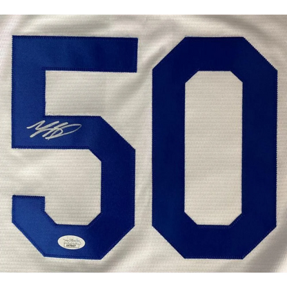 White Nike jersey with blue 50 and Mookie Betts signed autograph for Dodgers fans
