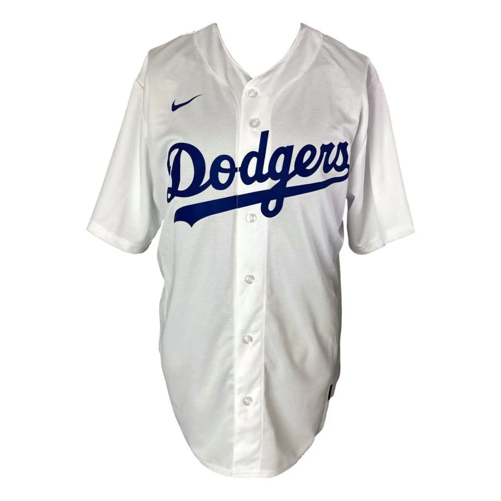White Los Angeles Dodgers Nike jersey with blue lettering and Mookie Betts signed detail