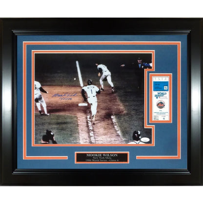 Mookie Wilson autographed deluxe framed 1986 World Series photo with ticket