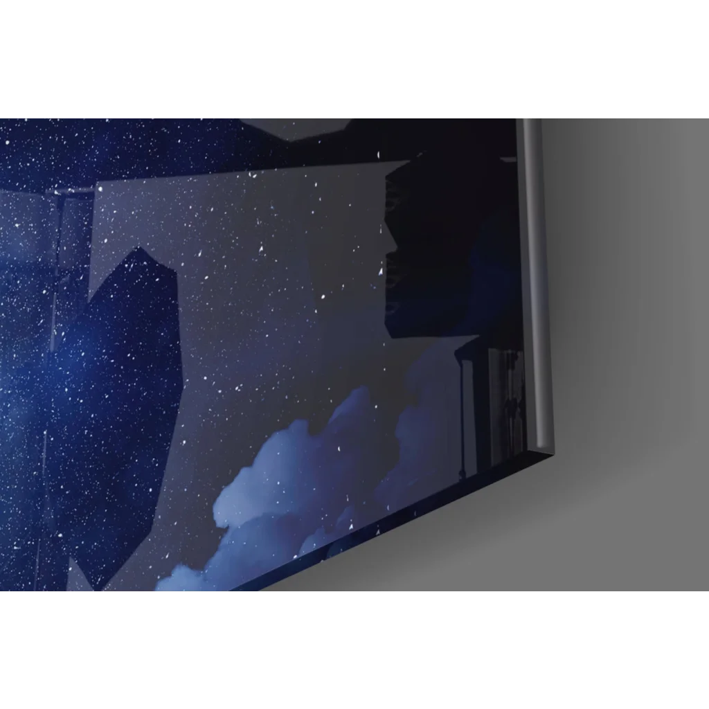 Sleek glass wall art print of starry night sky with clouds and shapes