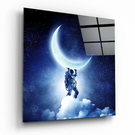 Dreamy astronaut on clouds in glass wall art with starry moon sky