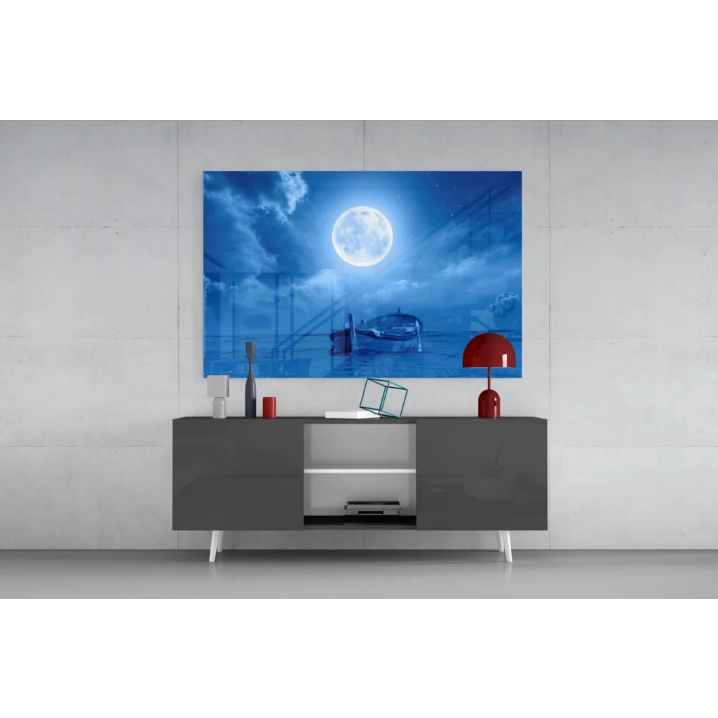 Vibrant blue moonlit boats wall art canvas print with serene night sky