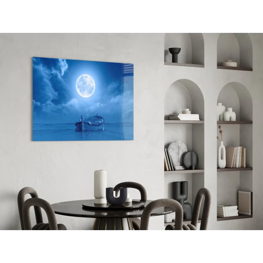 Serene blue moonlit seascape canvas wall art hanging on wall