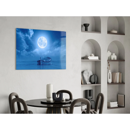 Serene blue moonlit seascape canvas wall art hanging on wall
