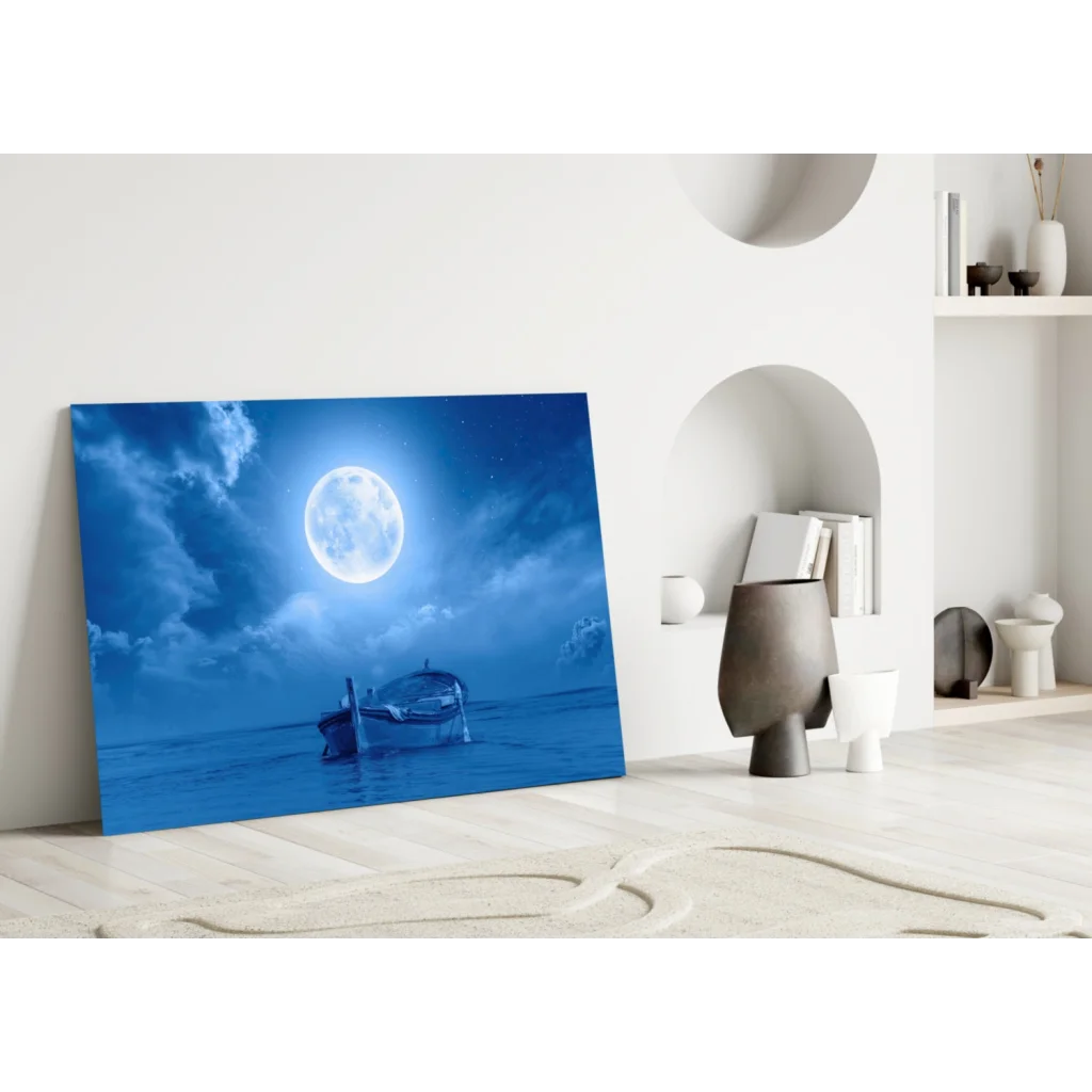 Blue moonlit boat on calm waters canvas wall art in serene tones