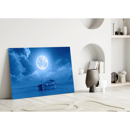 Blue moonlit boat on calm waters canvas wall art in serene tones