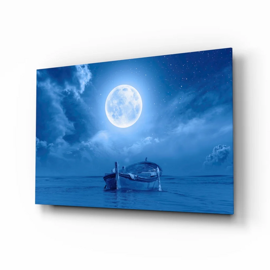 Serene blue moonlit boats wall art canvas print