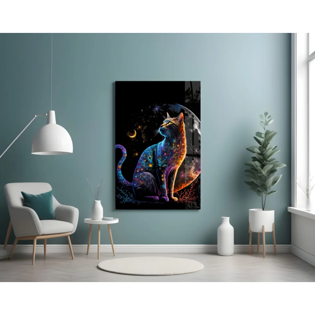 Cosmic Galaxy Cat Glass Wall Art with Neon Glow | Contemporary Home Wall Art | vintageantiquesgifts.com