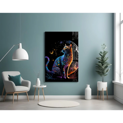 Cosmic Galaxy Cat Glass Wall Art with Neon Glow | Contemporary Home Wall Art | vintageantiquesgifts.com