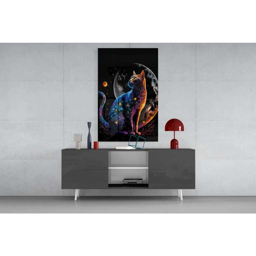 Cosmic cat glass wall art with glowing galaxy stars and moon