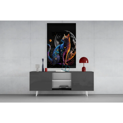 Cosmic cat glass wall art with glowing galaxy stars and moon
