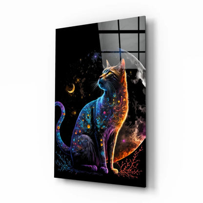 Cosmic Galaxy Cat Glass Wall Art with Neon Glow | Insigneart USA | vintageantiquesgifts.com