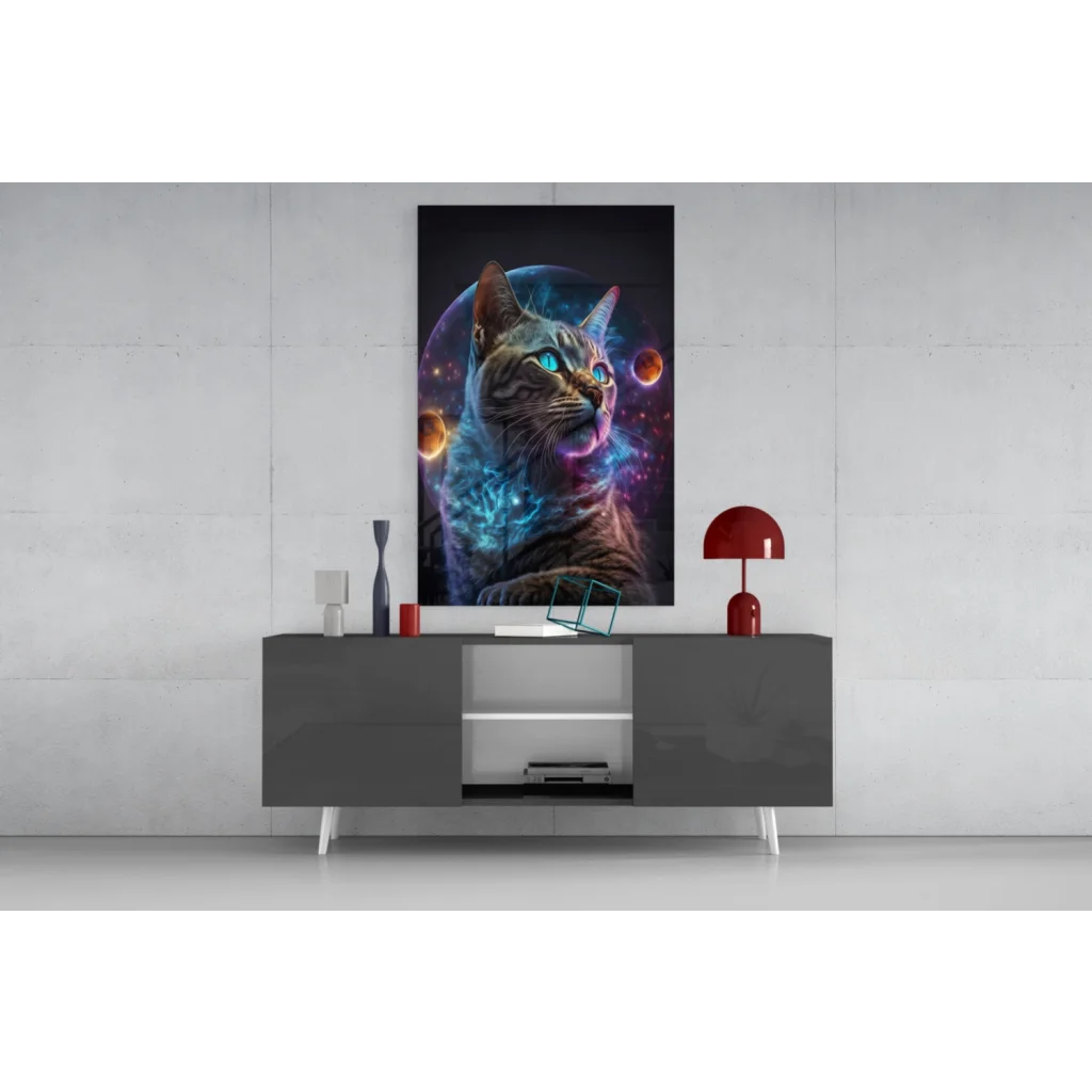 Vibrant tabby cat glass wall art with cosmic planets and nebulae