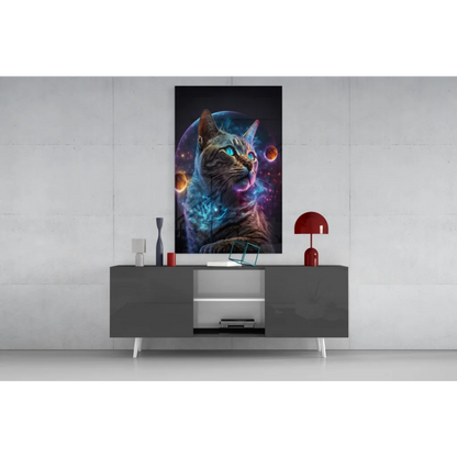 Vibrant tabby cat glass wall art with cosmic planets and nebulae