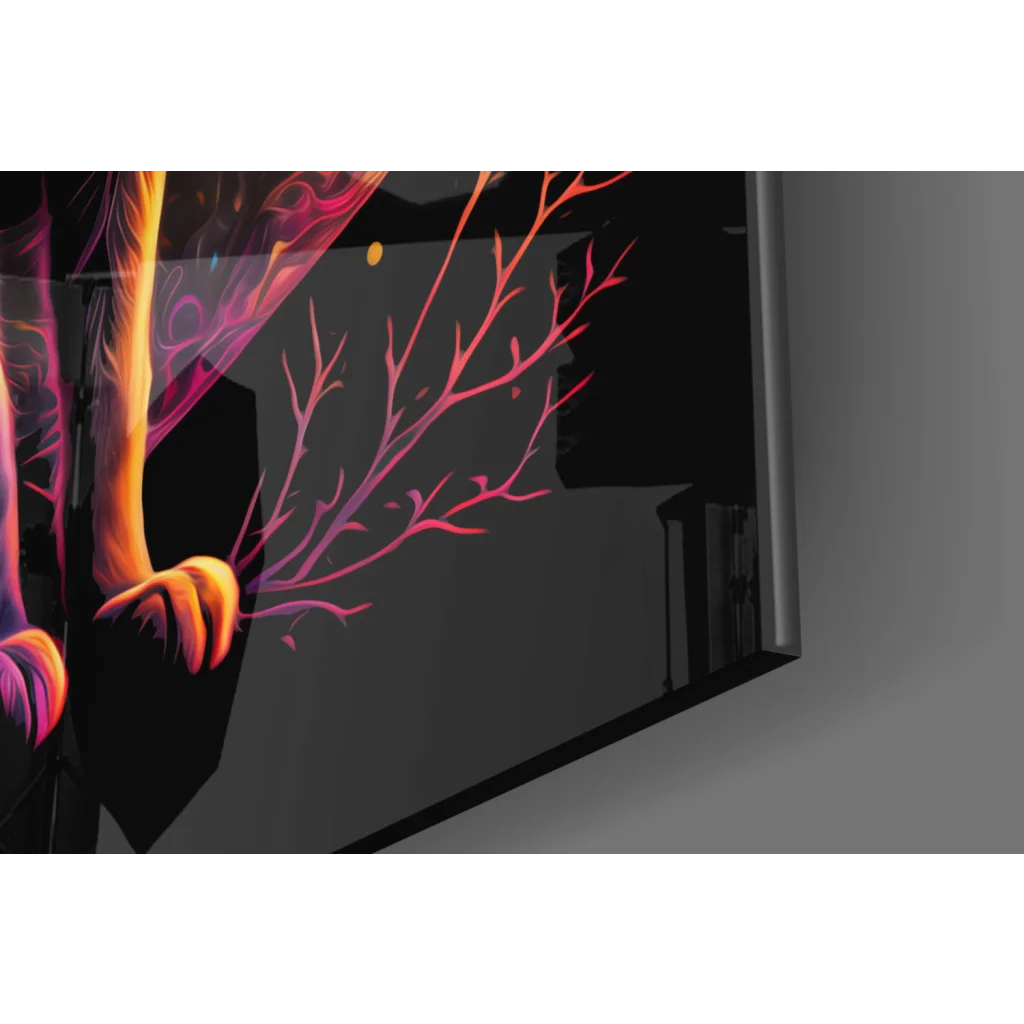 Sleek black TV showing pink orange glowing branches in Cosmic Cat glass wall art