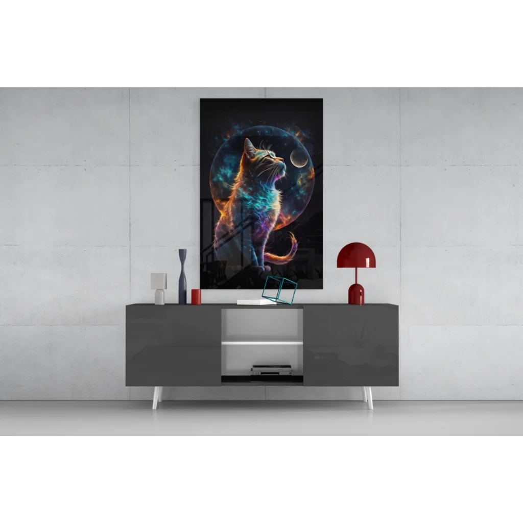 Vibrant neon cat glass wall art with cosmic swirls and glowing moon