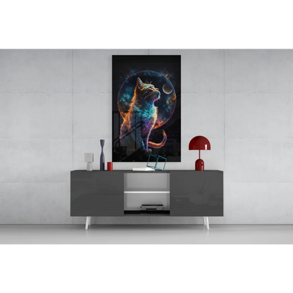 Vibrant neon cat glass wall art with cosmic swirls and glowing moon