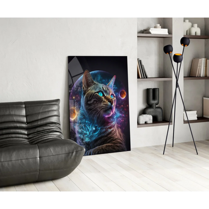 Vibrant cosmic cat glass wall art print with glowing blue nebulae