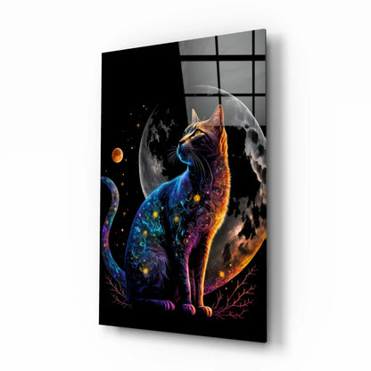 Cosmic cat glass wall art with glowing galaxy stars and moon