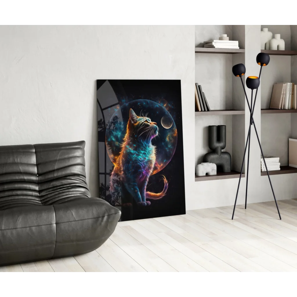Cosmic cat glass wall art with vibrant neon galaxy hues