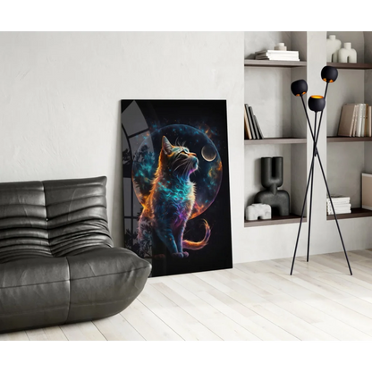 Cosmic cat glass wall art with vibrant neon galaxy hues