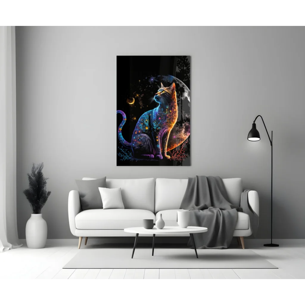 Cosmic Galaxy Cat Glass Wall Art with Neon Glow | Modern Wall Art Decor | vintageantiquesgifts.com