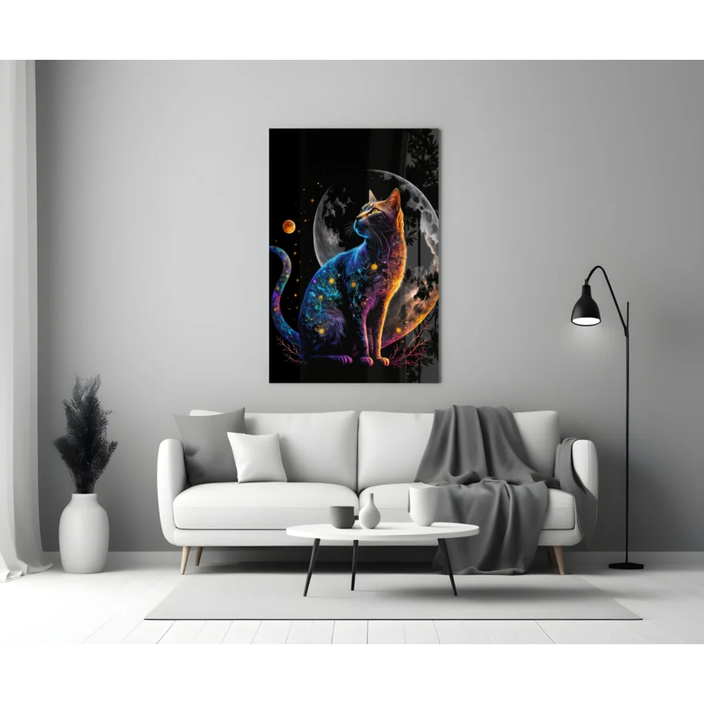 Vibrant cosmic cat glass wall art with glowing galaxy stars and moon
