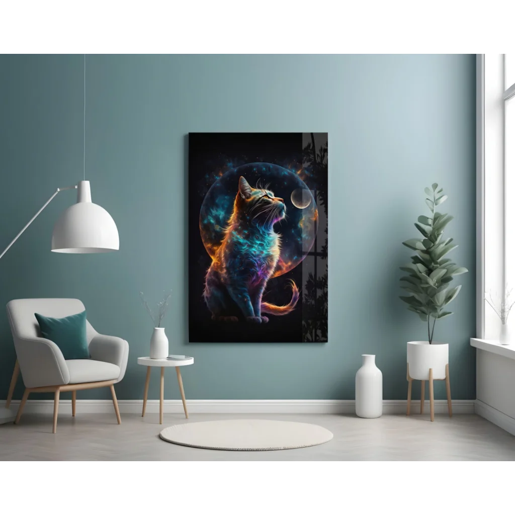 Cosmic Cat Glass Wall Art with Stunning Galaxy Colors | Contemporary Home Wall Art | vintageantiquesgifts.com