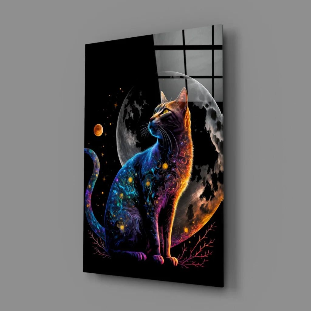 Vibrant cosmic cat on glossy glass wall art with glowing galaxy stars and moon