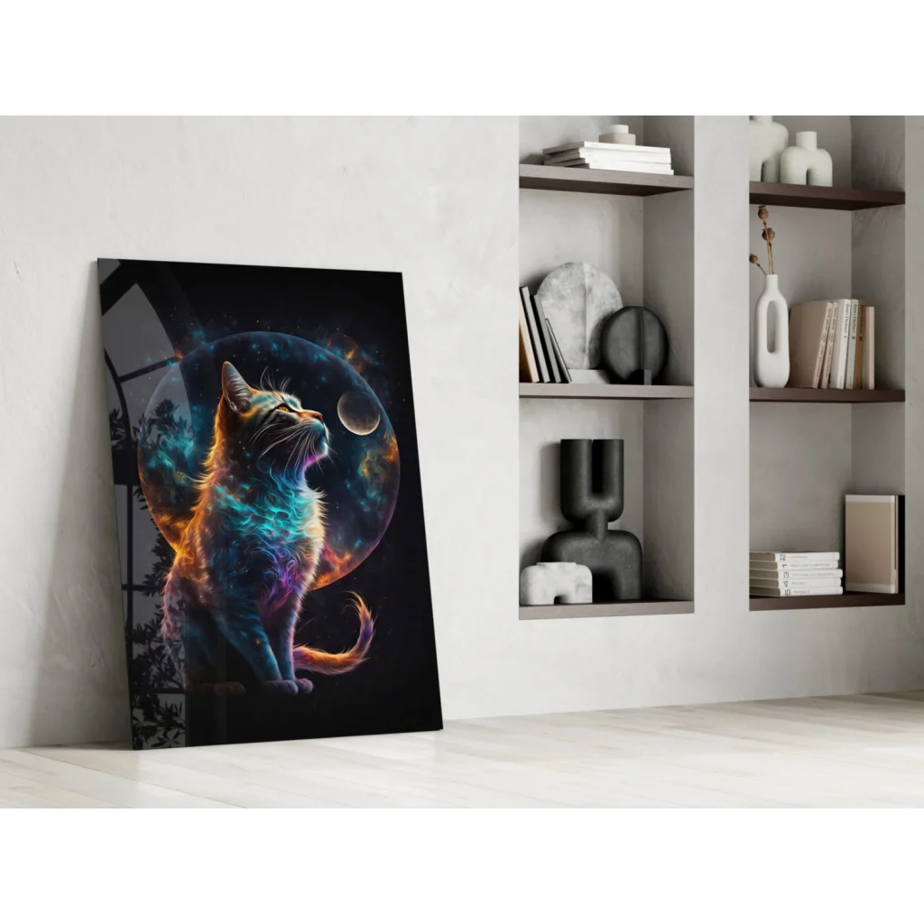 Cosmic Cat glass wall art with vibrant iridescent galaxy hues