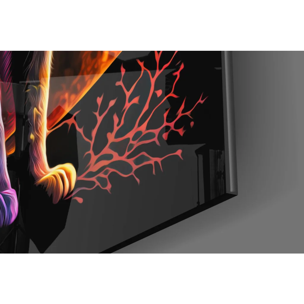 Sleek black gaming monitor on cosmic galaxy cat glass wall art with neon glow