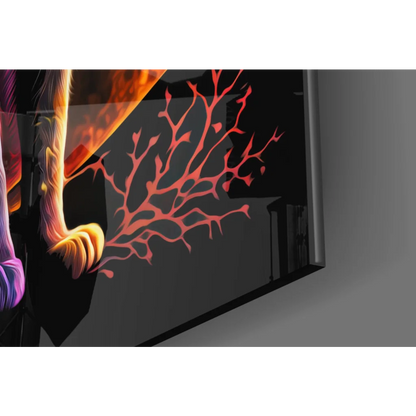 Sleek black gaming monitor on cosmic galaxy cat glass wall art with neon glow