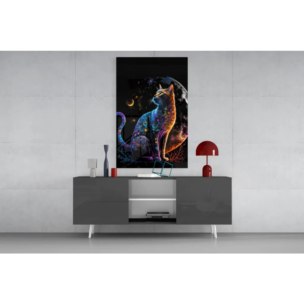 Vibrant cosmic galaxy cat glass wall art with neon glow