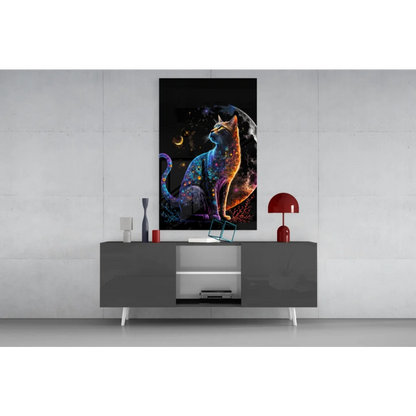 Vibrant cosmic galaxy cat glass wall art with neon glow
