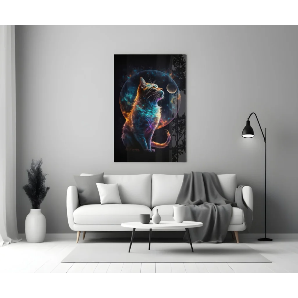 Cosmic Cat Glass Wall Art with Stunning Galaxy Colors | Modern Wall Art Decor | vintageantiquesgifts.com