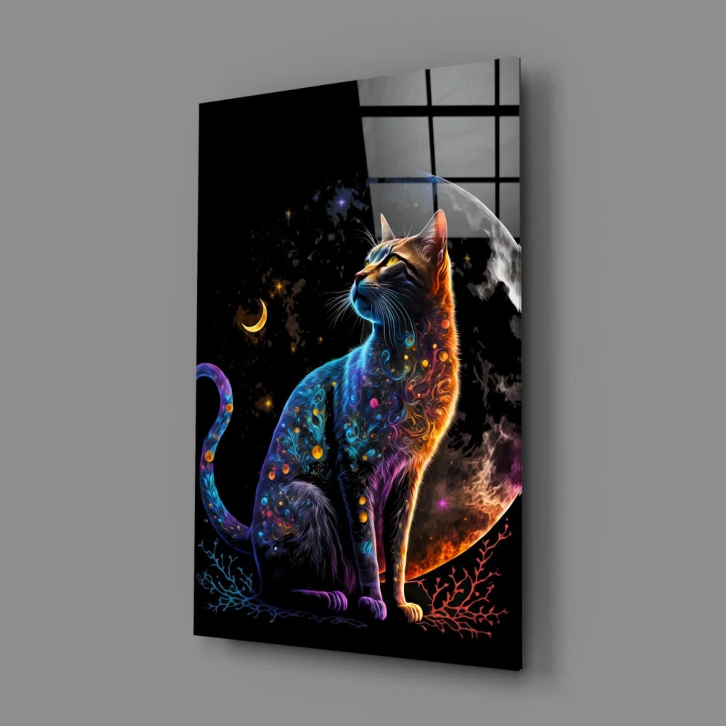 Cosmic Galaxy Cat Glass Wall Art with Neon Glow | Glass Wall Art Print | vintageantiquesgifts.com